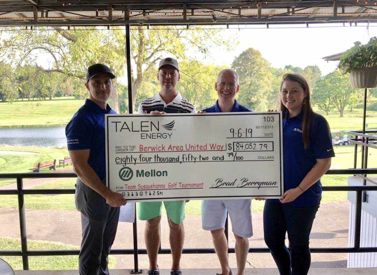 (L to R): Susquehanna Steam Electric Station Employee and Golf Tournament Chair, Kip McCabe; Talen Energy senior vice president and Chief Nuclear Officer, Brad Berryman; United Way President and Chief Executive Officer, Bill Jones; and United Way Community Impact Coordinator, Ayrin Shortlidge. 